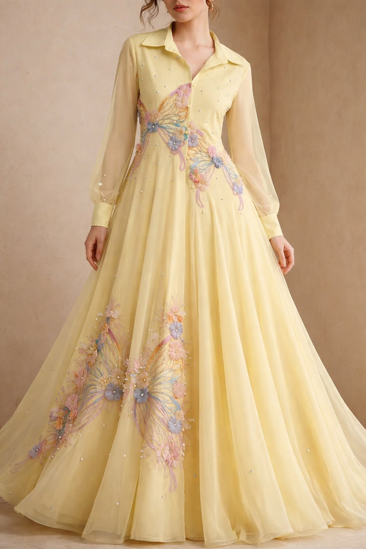 Elegant Pastel Yellow Butterfly Anarkali Dress 🌼✨